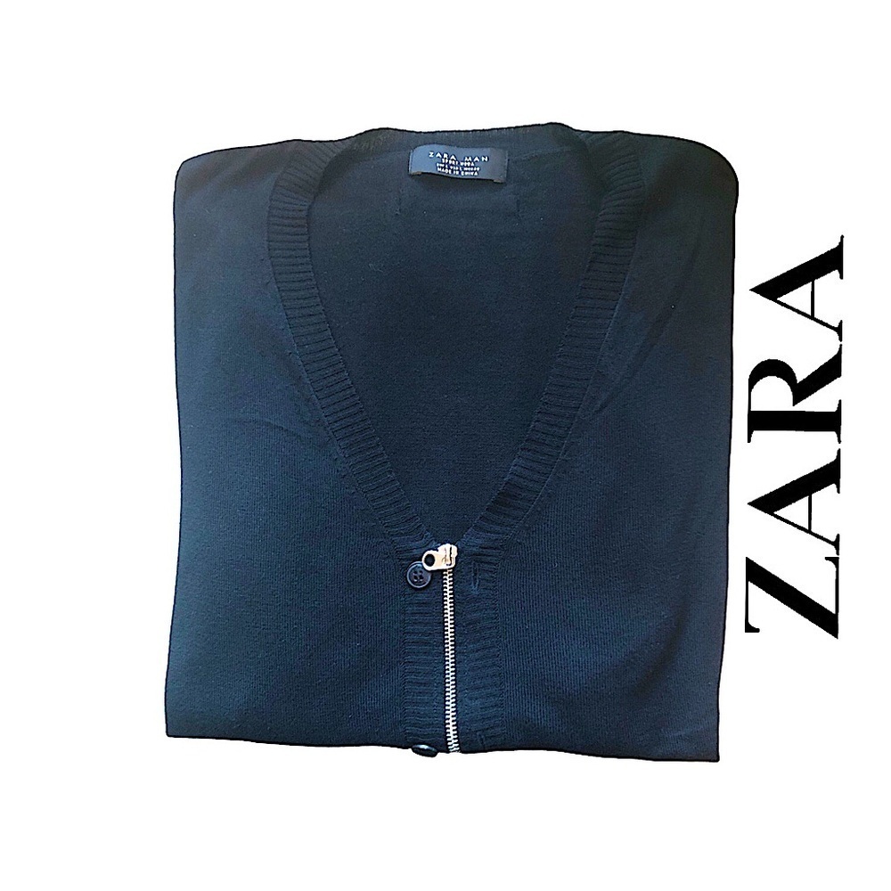 ZARA Man Zip Cardigan, Black w/Silver Zipper and‎ False Buttons, NWOT Size L